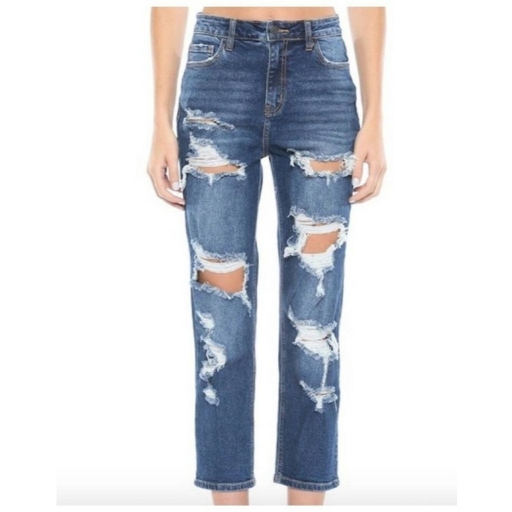 NWT CELLO high rise destroyed straight leg light blue jeans SIZE 7